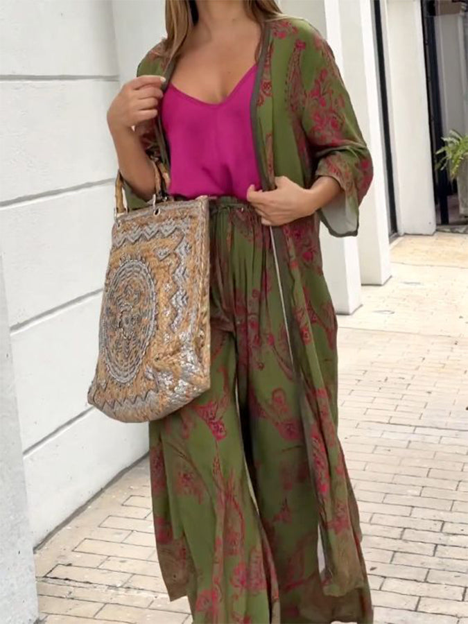 Printed Long Sleeves Cardigan and Pants Sets