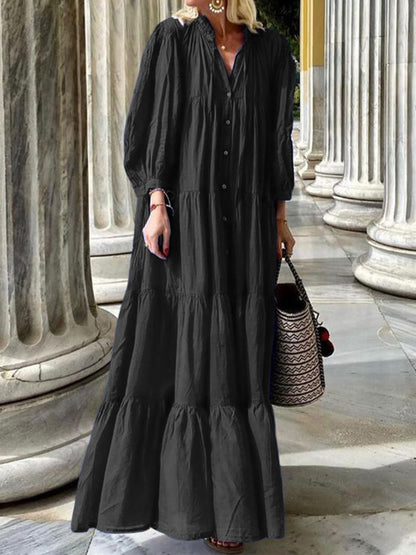 V Neck Long Sleeves Buttoned Maxi Dress