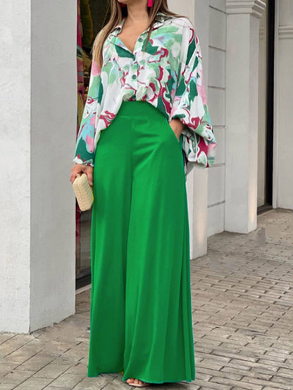 Long Sleeves Printed Shirt and Wide-leg Pants