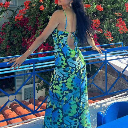 Backless Butterfly Printed Maxi Dress