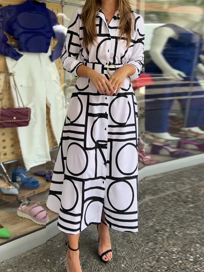 Long Sleeves Geometric Printed Maxi Dress