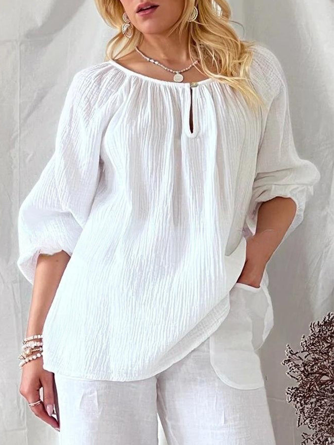 Long Sleeves Round Neck Cotton-linen Blouses