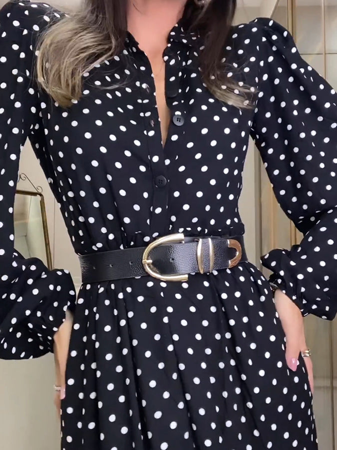 Black Polka Dots Printed Long Sleeves Cake Maxi Dress