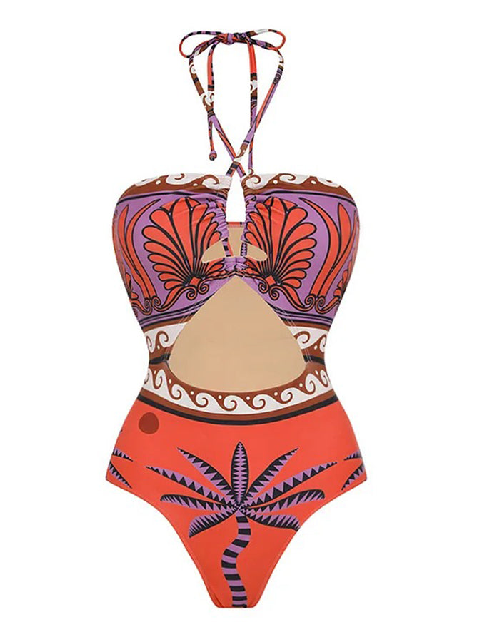 One Shoulder Ruffle Printed Bikini Swimsuit and Skirt