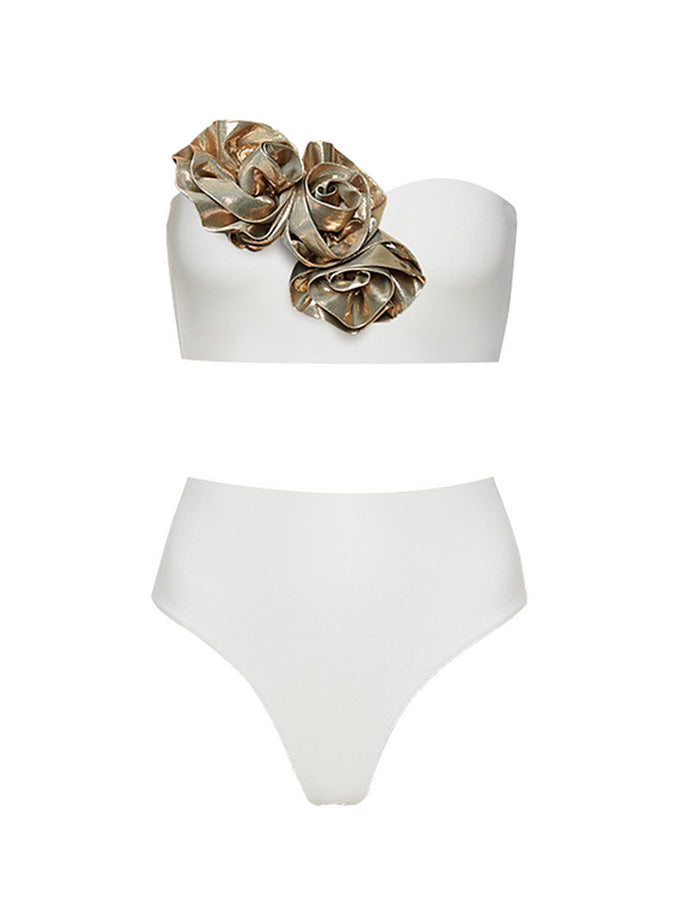 Golden 3d Flower Black or White Bikini Swimsuit and Skirt