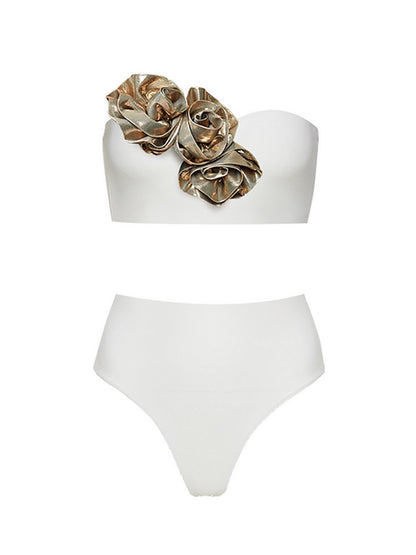 Golden 3d Flower Black or White Bikini Swimsuit and Skirt
