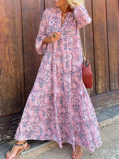 Pink V Neck Long Sleeves Printed Maxi Dress