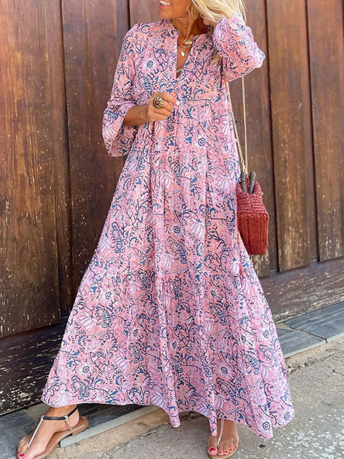 Pink V Neck Long Sleeves Printed Maxi Dress