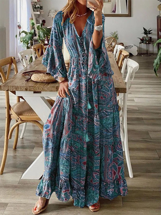 Printed V Neck Long Sleeves Maxi Dress