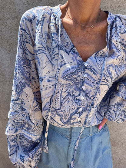 Paisley Pattern Printed Buttoned Long Sleeves Blouses