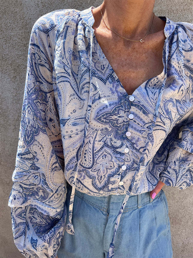 Paisley Pattern Printed Buttoned Long Sleeves Blouses
