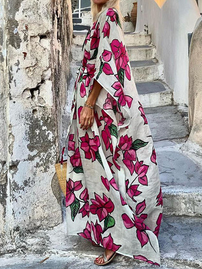 Printed Round Neck Loose Lace-up Maxi Dress