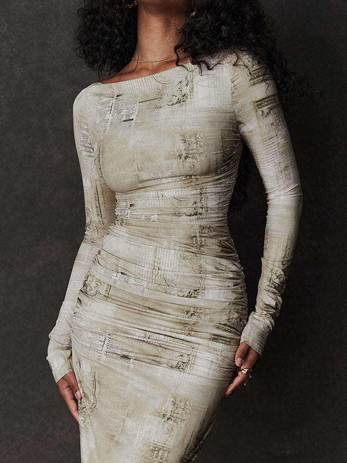 Long Sleeves Round Neck Printed Slim Maxi Dress