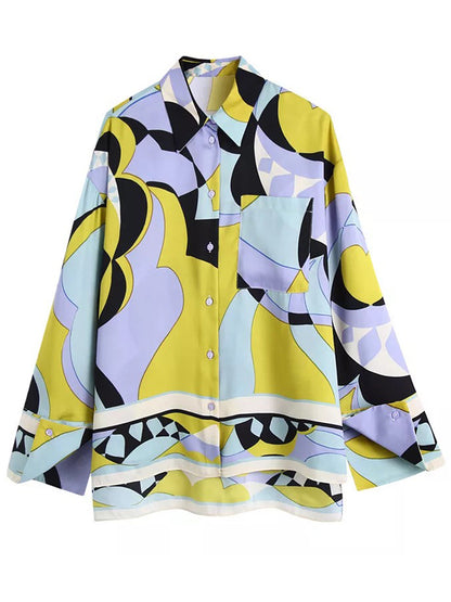 Long Sleeves Geometric Printed Blouses and Pants Sets