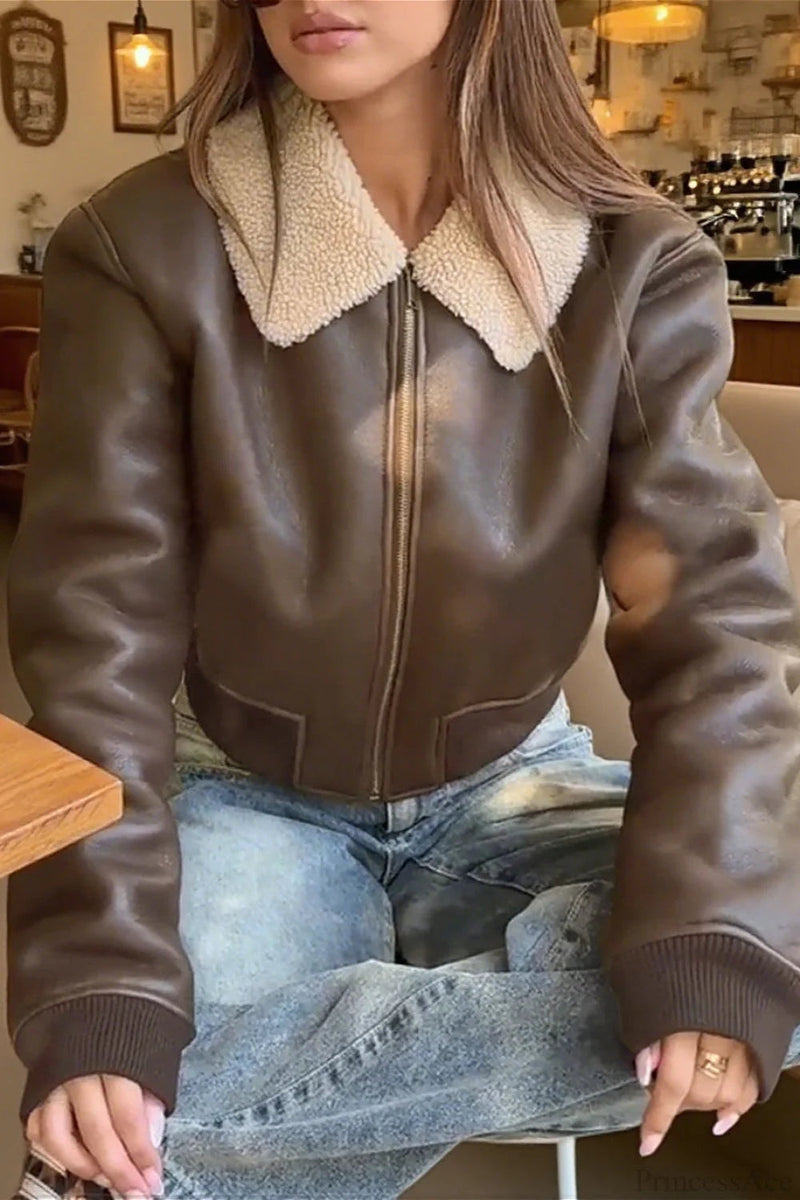 Unique Brown Fleece Pu Panel Warm Windproof Coat