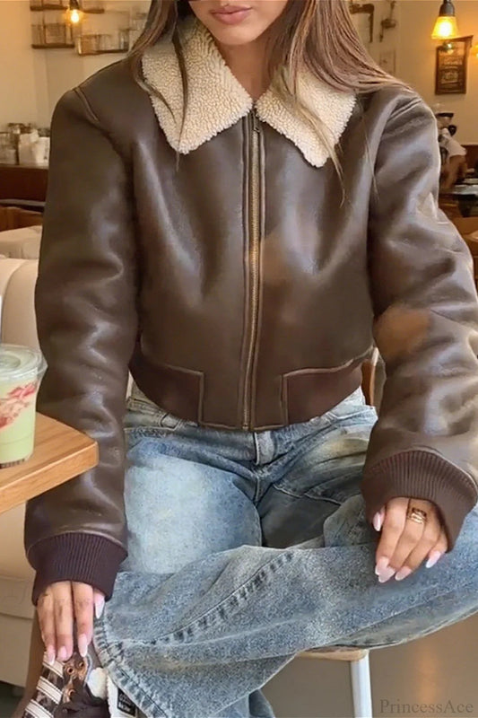 Unique Brown Fleece Pu Panel Warm Windproof Coat