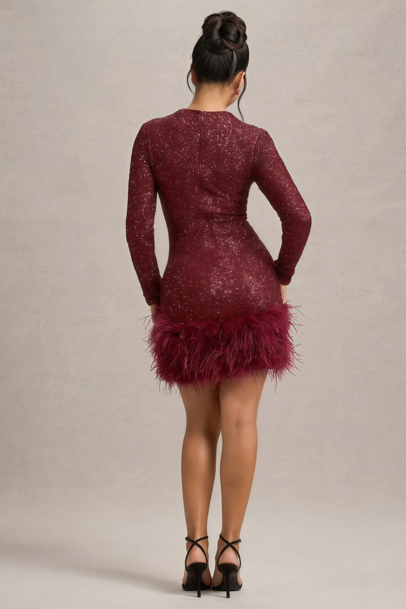 Kuka Red Sequin Feather Mini Dress