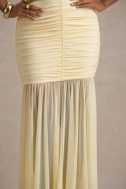 Pale Lemon Ruched Plunge-neck Maxi Dress
