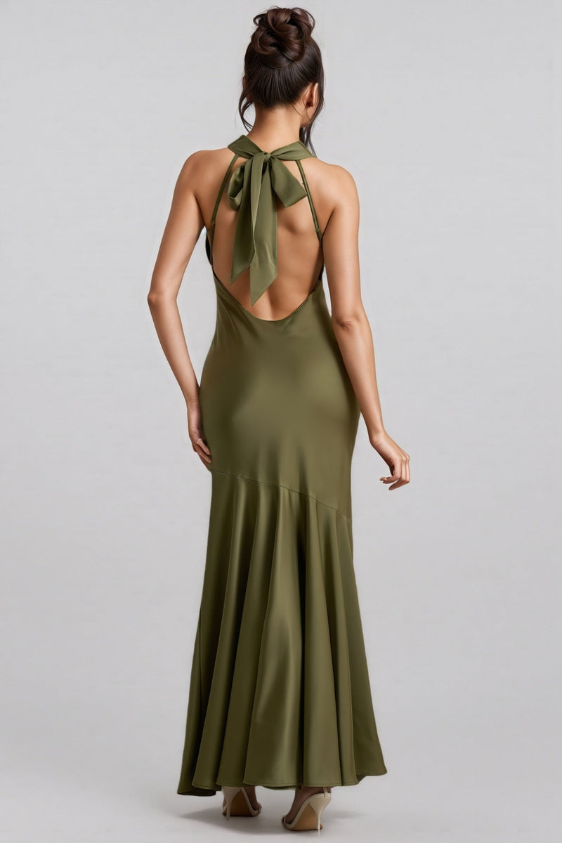 Elaray Green Satin Cowl-neck Maxi Dress