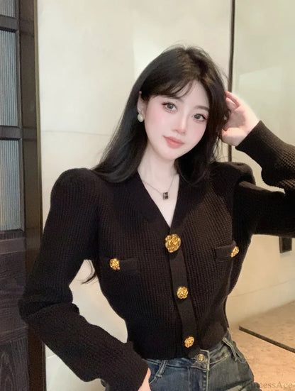 V-neck Long Sleeved Cardigan Jacket Warm Black Red Christmas Sweater
