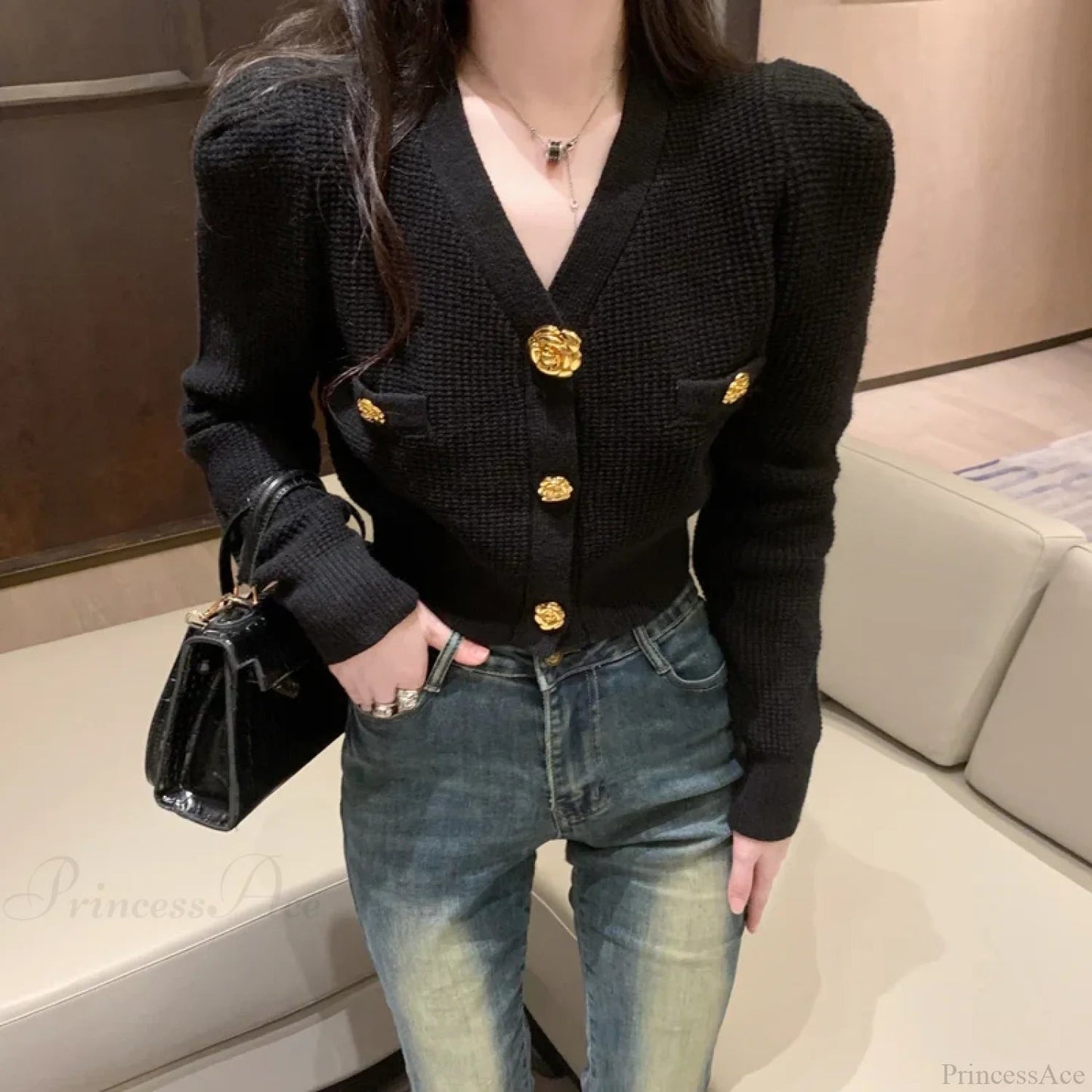 V-neck Long Sleeved Cardigan Jacket Warm Black Red Christmas Sweater