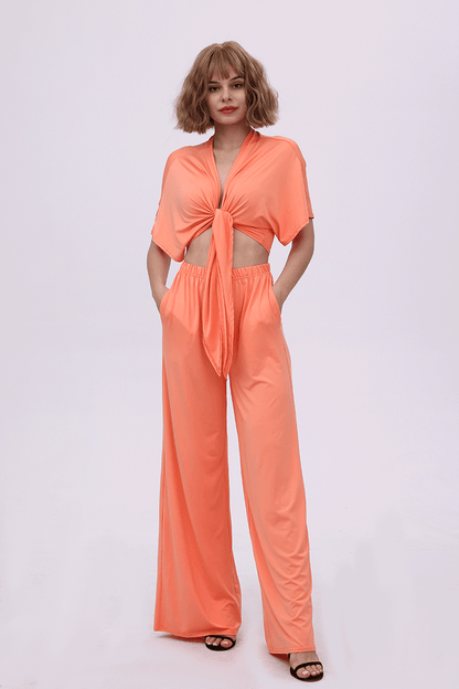 Deep V-neck Top & Elastic Wide Leg Pants