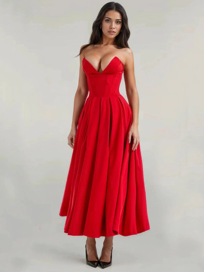 Tube Corset Pleated Flare Midi Dress