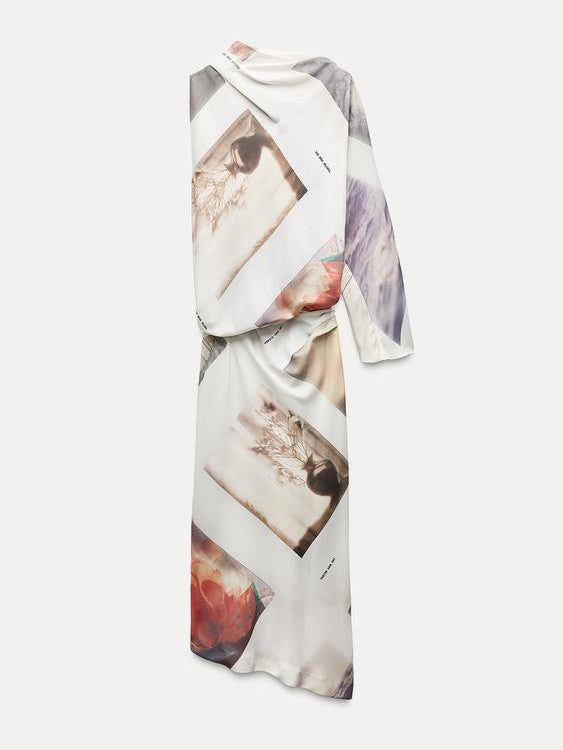 Print Asymmetric One Sleeve Maxi Dress