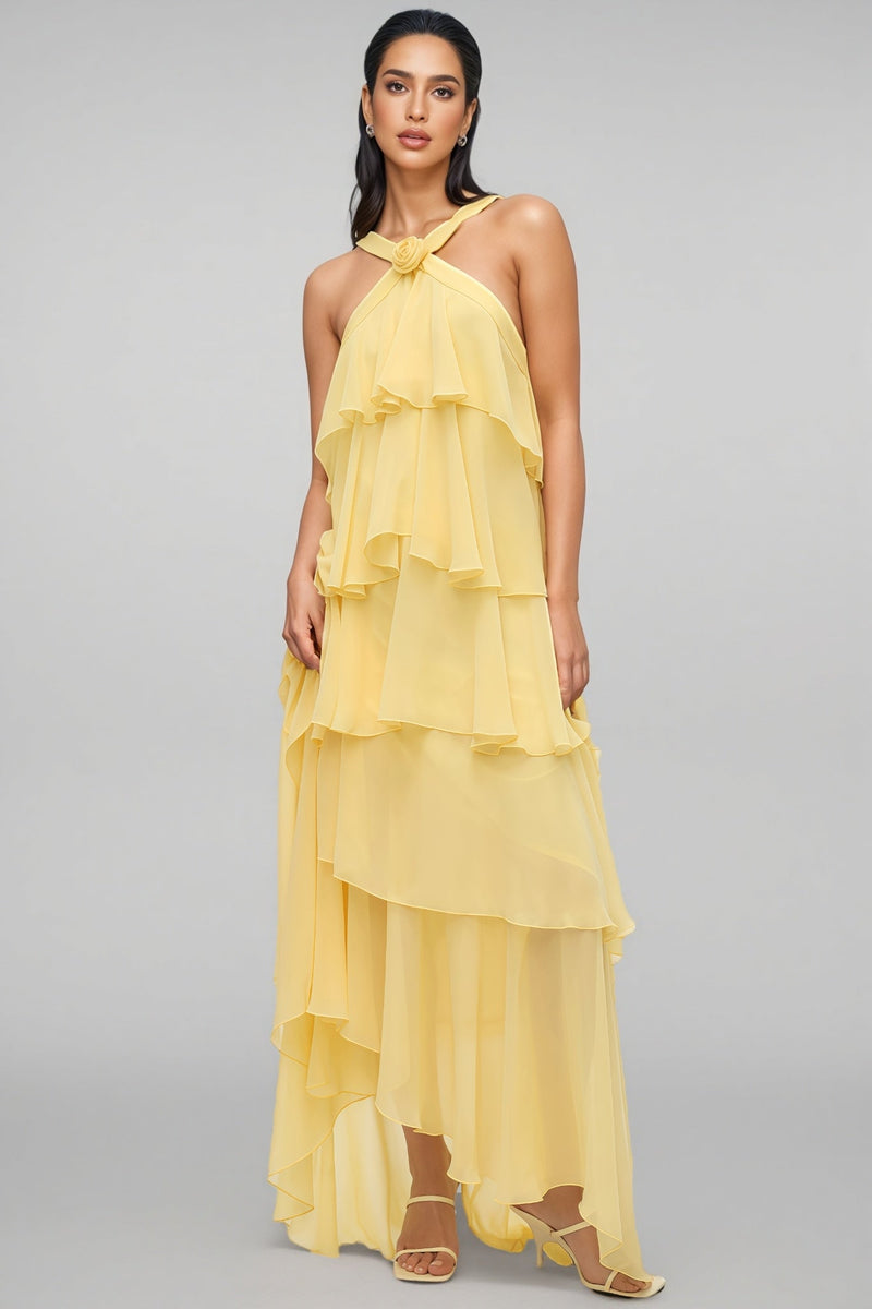 Kairot Yellow Backless 3d Flower Maxi Dress