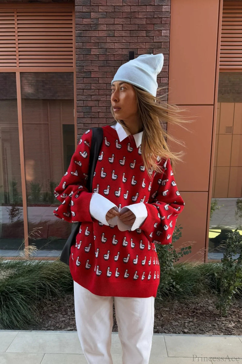 Versatile Color Block Jacquard Red Knitted Blouse