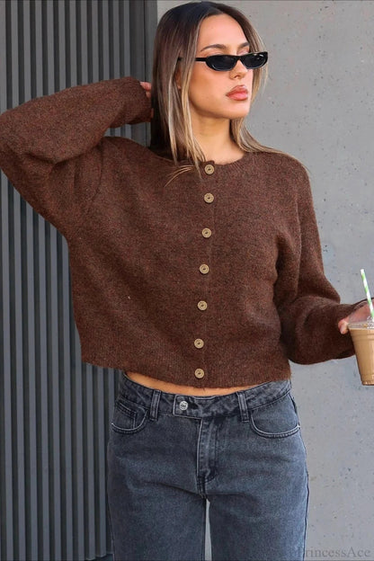 Versatile Crewneck Long Sleeve Button Sweater
