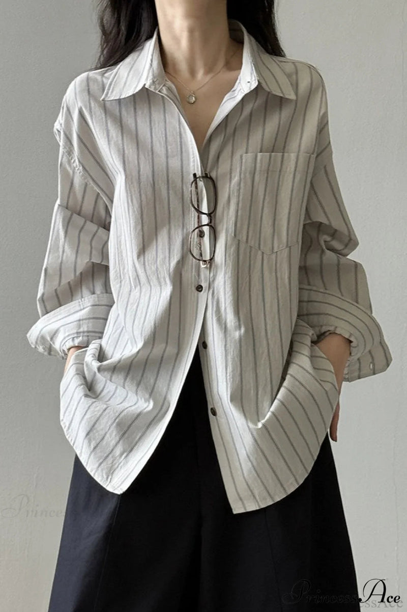 Vertical Stripe Long-sleeve Cotton Loose Blouse