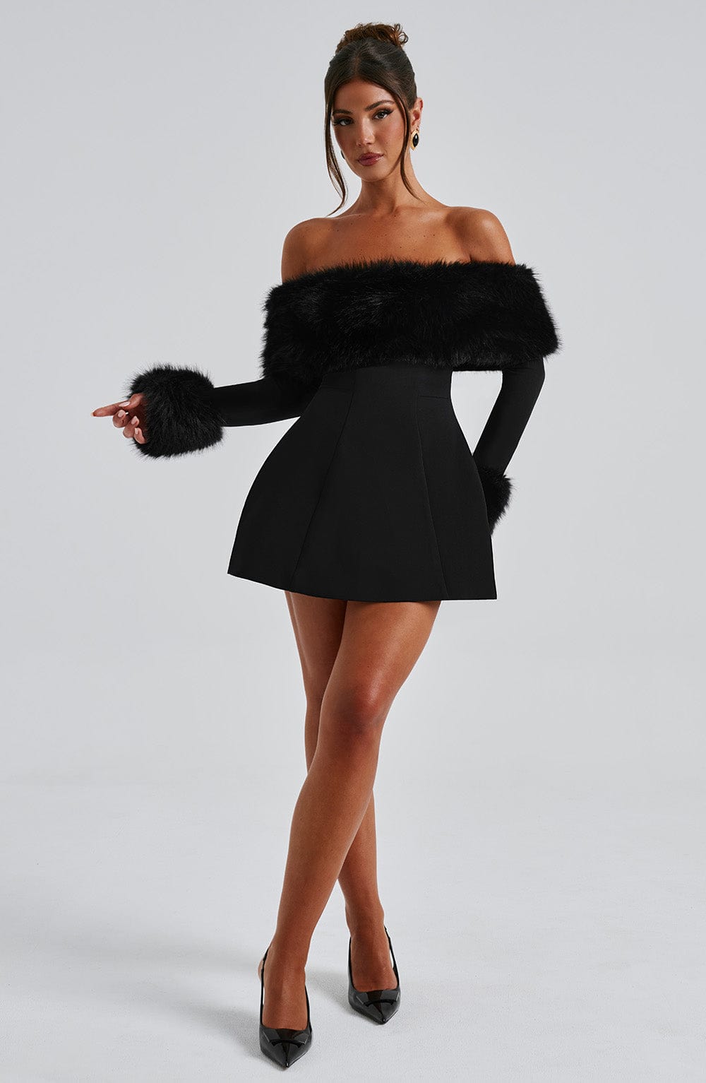 Rory - Off-shoulder Fur Sleeve Mini Dress
