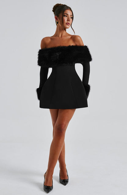 Rory - Off-shoulder Fur Sleeve Mini Dress