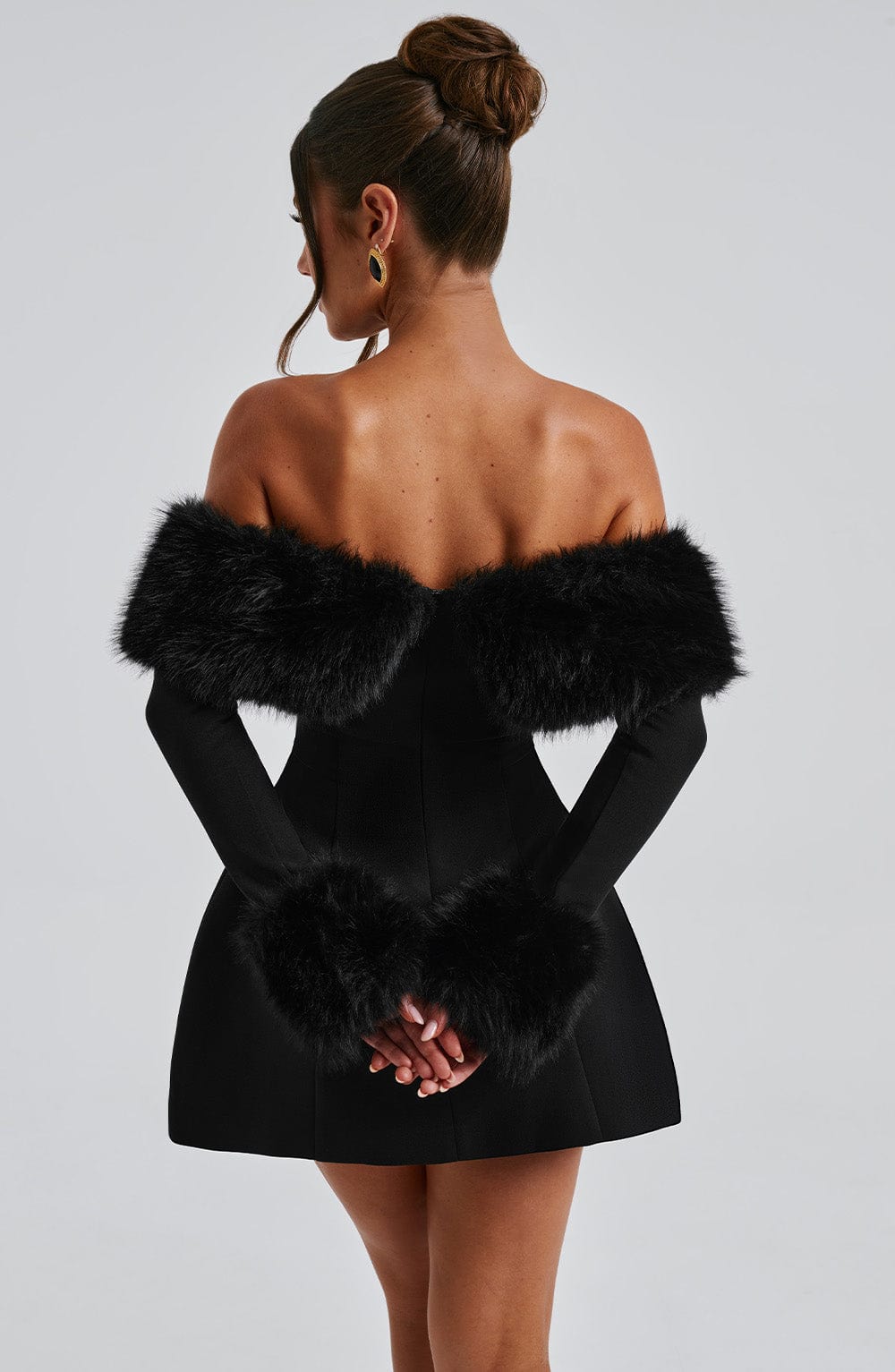 Rory - Off-shoulder Fur Sleeve Mini Dress