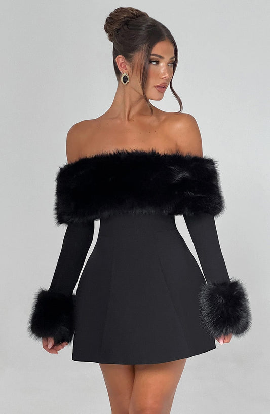 Rory - Off-shoulder Fur Sleeve Mini Dress