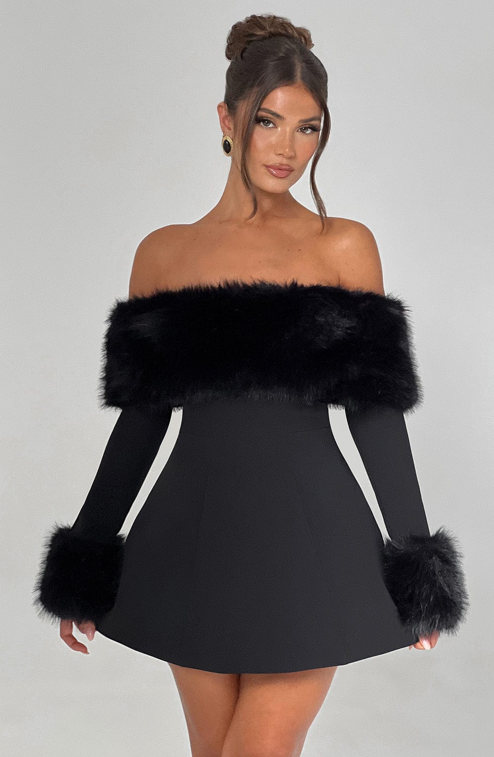 Rory - Off-shoulder Fur Sleeve Mini Dress