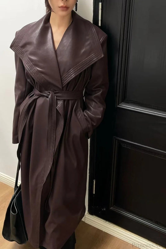 Broad Lapel Waist-tied Leather Overcoat