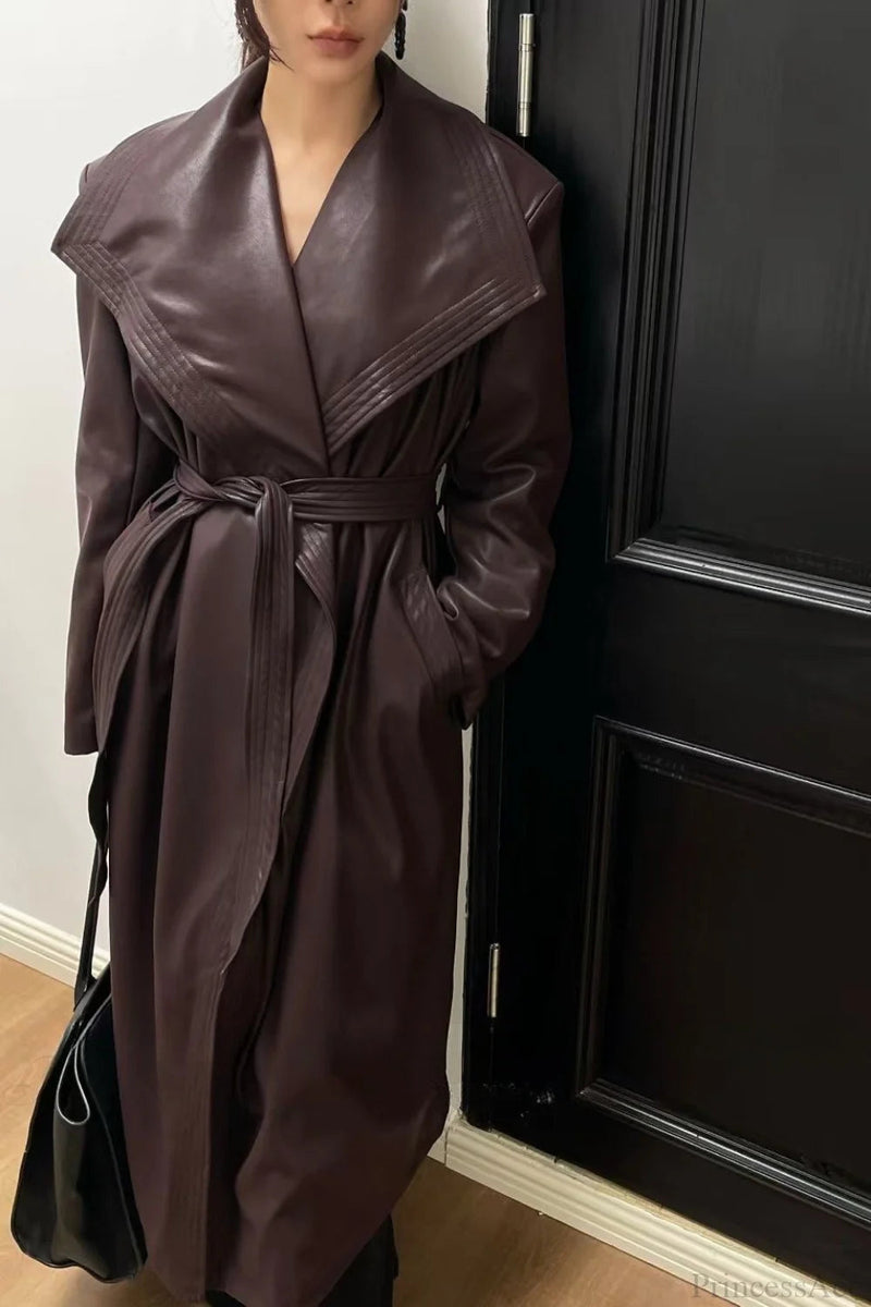 Broad Lapel Waist-tied Leather Overcoat