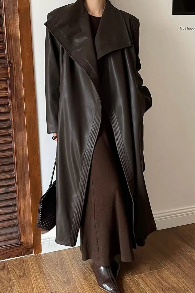 Broad Lapel Waist-tied Leather Overcoat