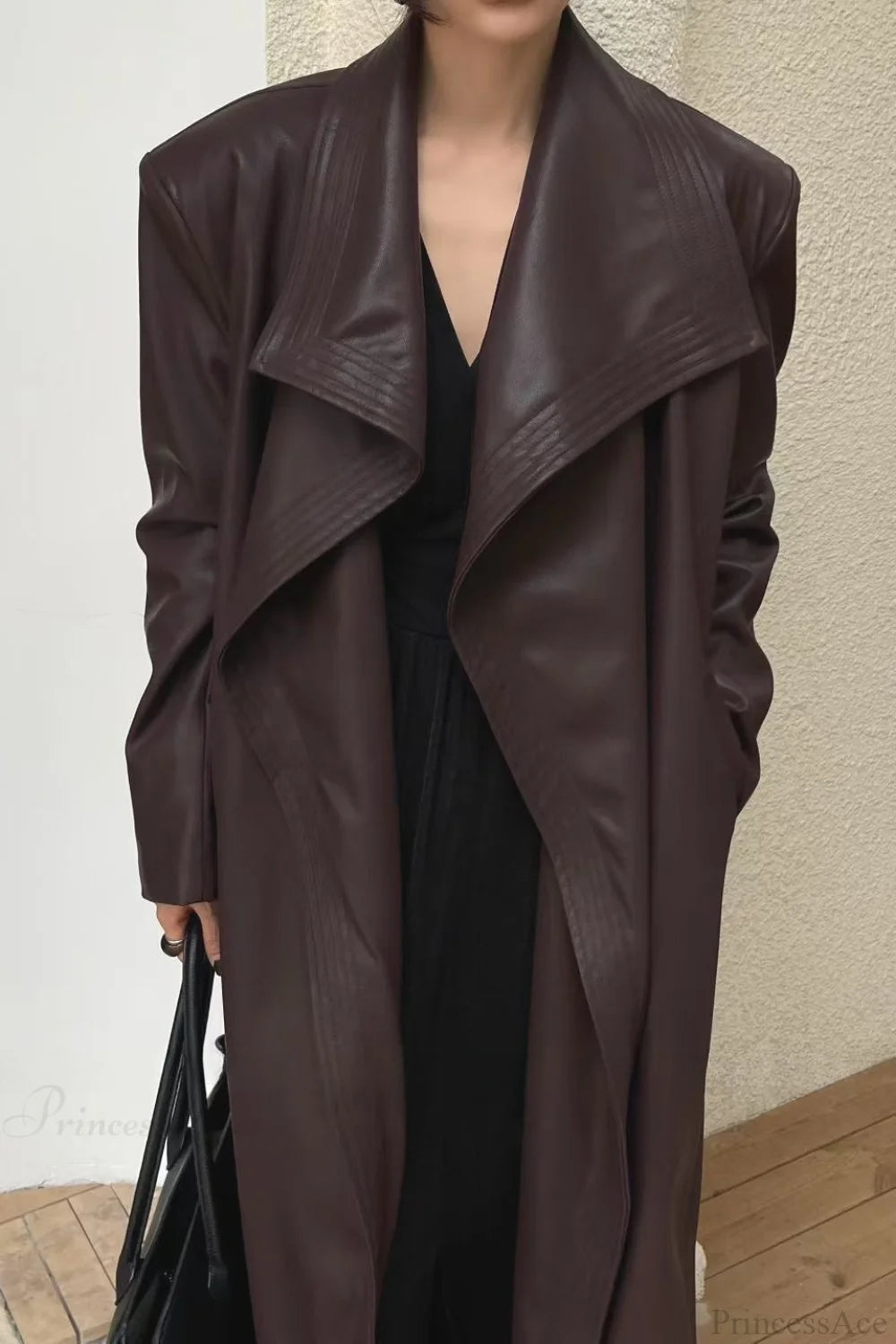 Broad Lapel Waist-tied Leather Overcoat