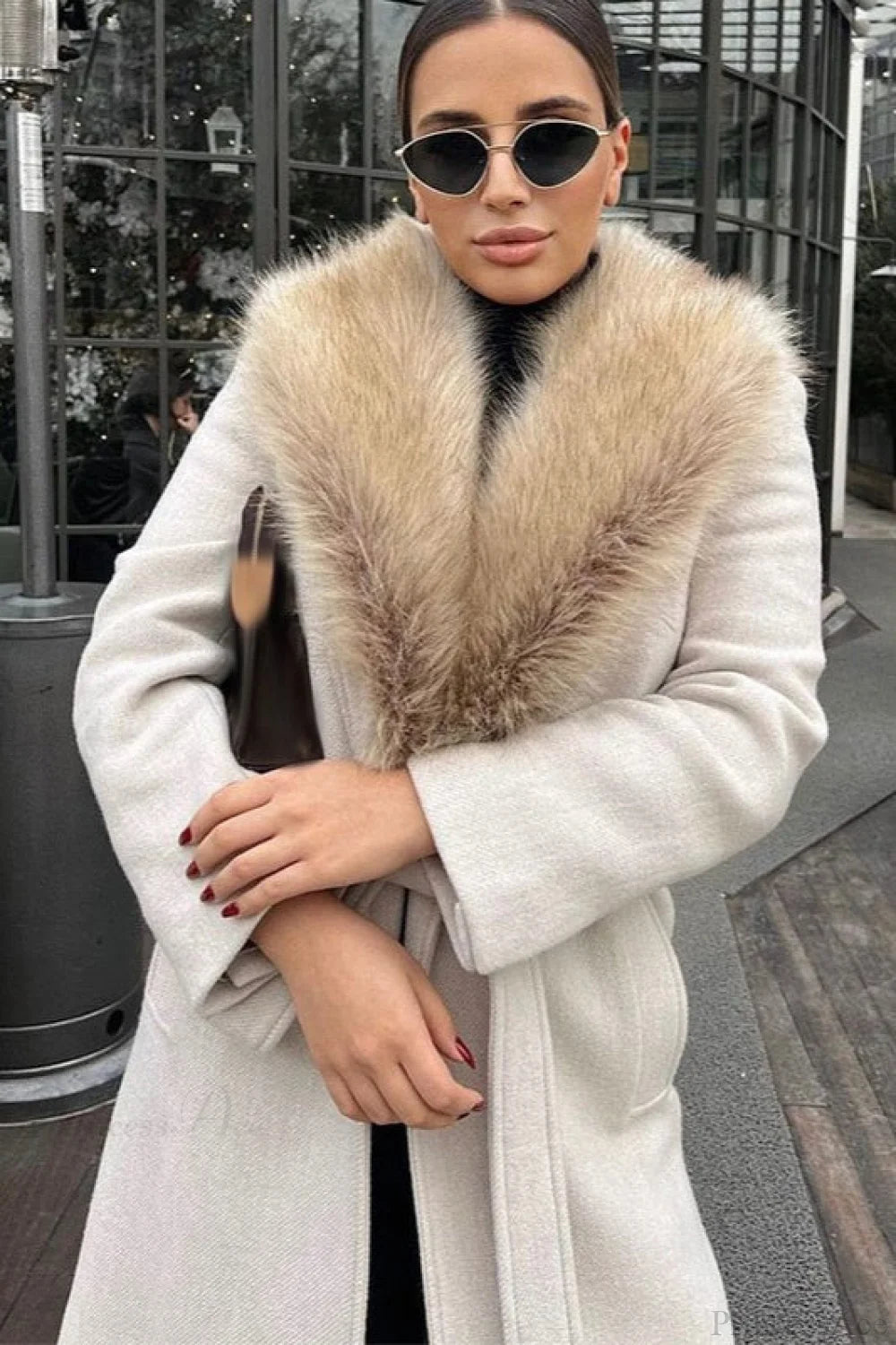 Wool Blend Fur Collar Overcoat