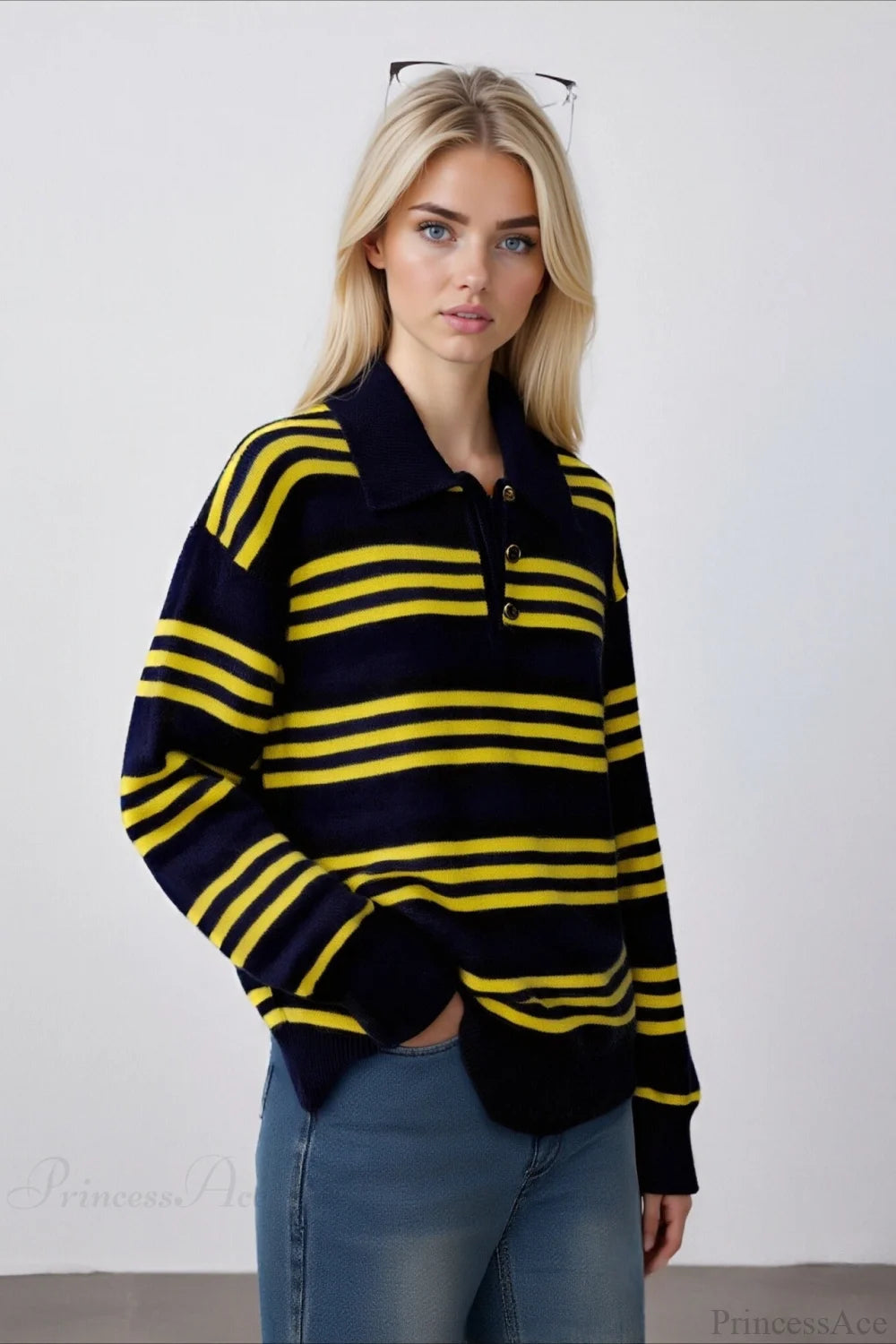 Colorblock Stripe Collar Patchwork Loose Knit Sweater