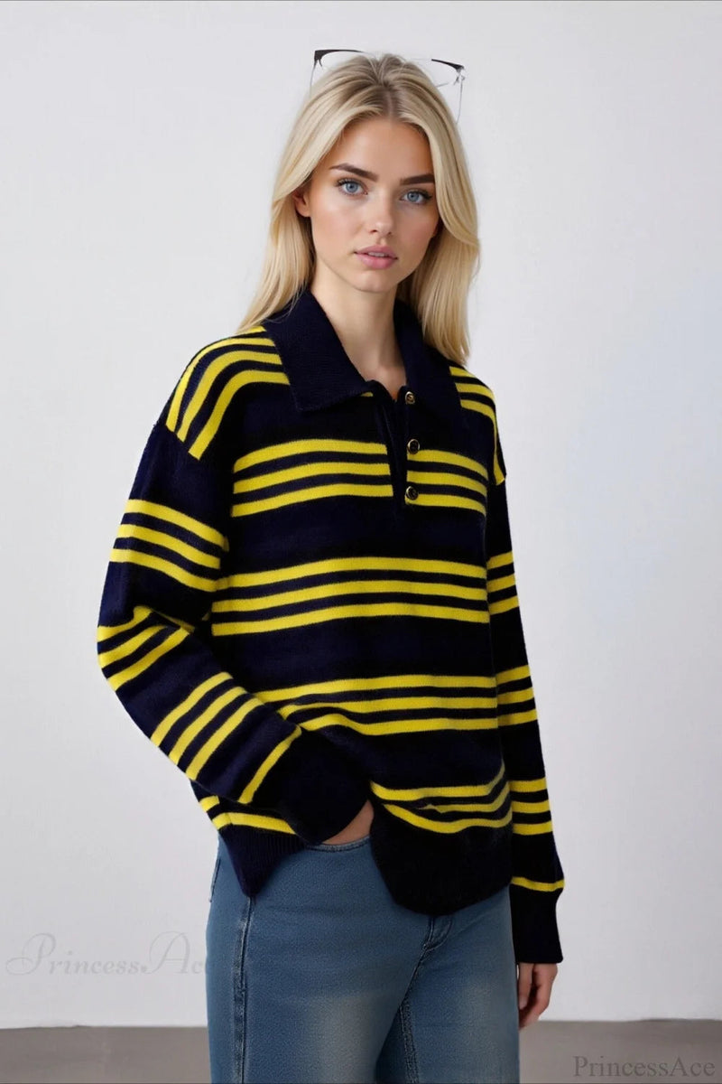 Colorblock Stripe Collar Patchwork Loose Knit Sweater