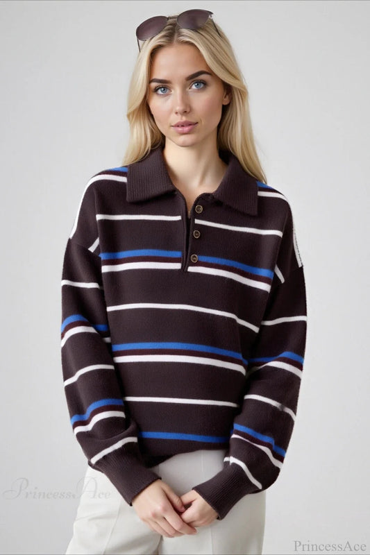 Colorblock Stripe Collar Patchwork Loose Knit Sweater