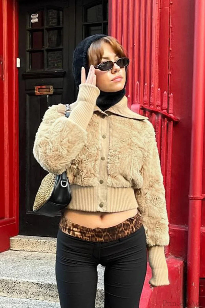 Cropped Fuzzy Wide Lapel Single Breasted Waist-cinched Coat