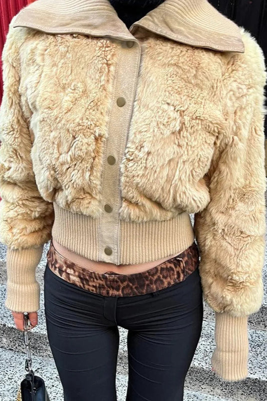 Cropped Fuzzy Wide Lapel Single Breasted Waist-cinched Coat