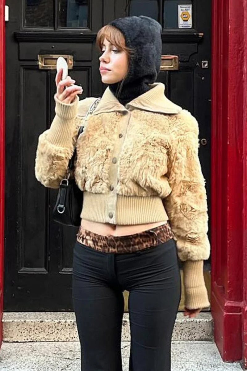 Cropped Fuzzy Wide Lapel Single Breasted Waist-cinched Coat