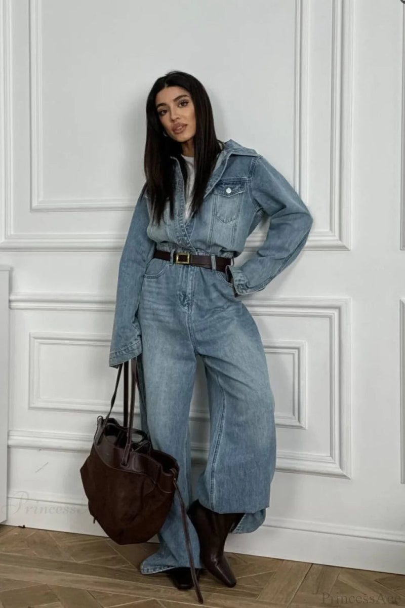 Denim Loose Long Pants Jumpsuit-style Two Piece Set