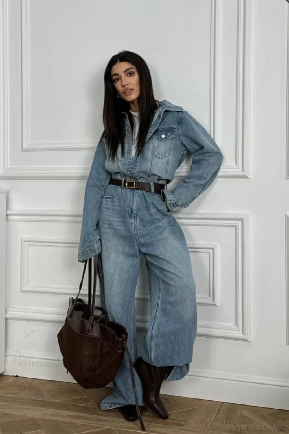 Denim Loose Long Pants Jumpsuit-style Two Piece Set